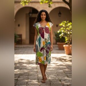 Jams World Speckle Leaf Print Midi Dress Womens Medium V-Neck Made in‎ Hawaii